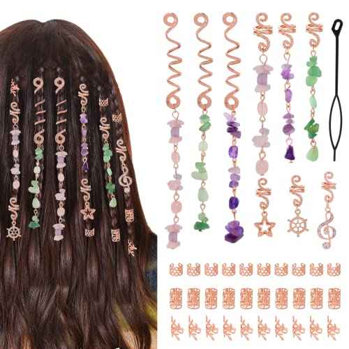 hoyuwak 40 Pcs Hair Jewelry for Braids Loc Dreadlock Accessories Hair Beads Clips Cuffs Charms Rings for Women Hairstyle Decoration Rave, Rose Gold