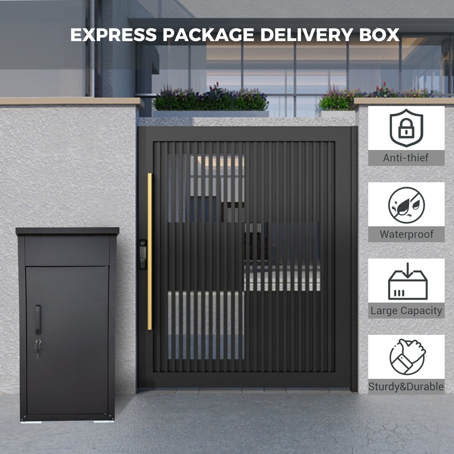 Lockable Steel Package Delivery Box with Mail Compartment - Large Outdoor Porch Mailbox