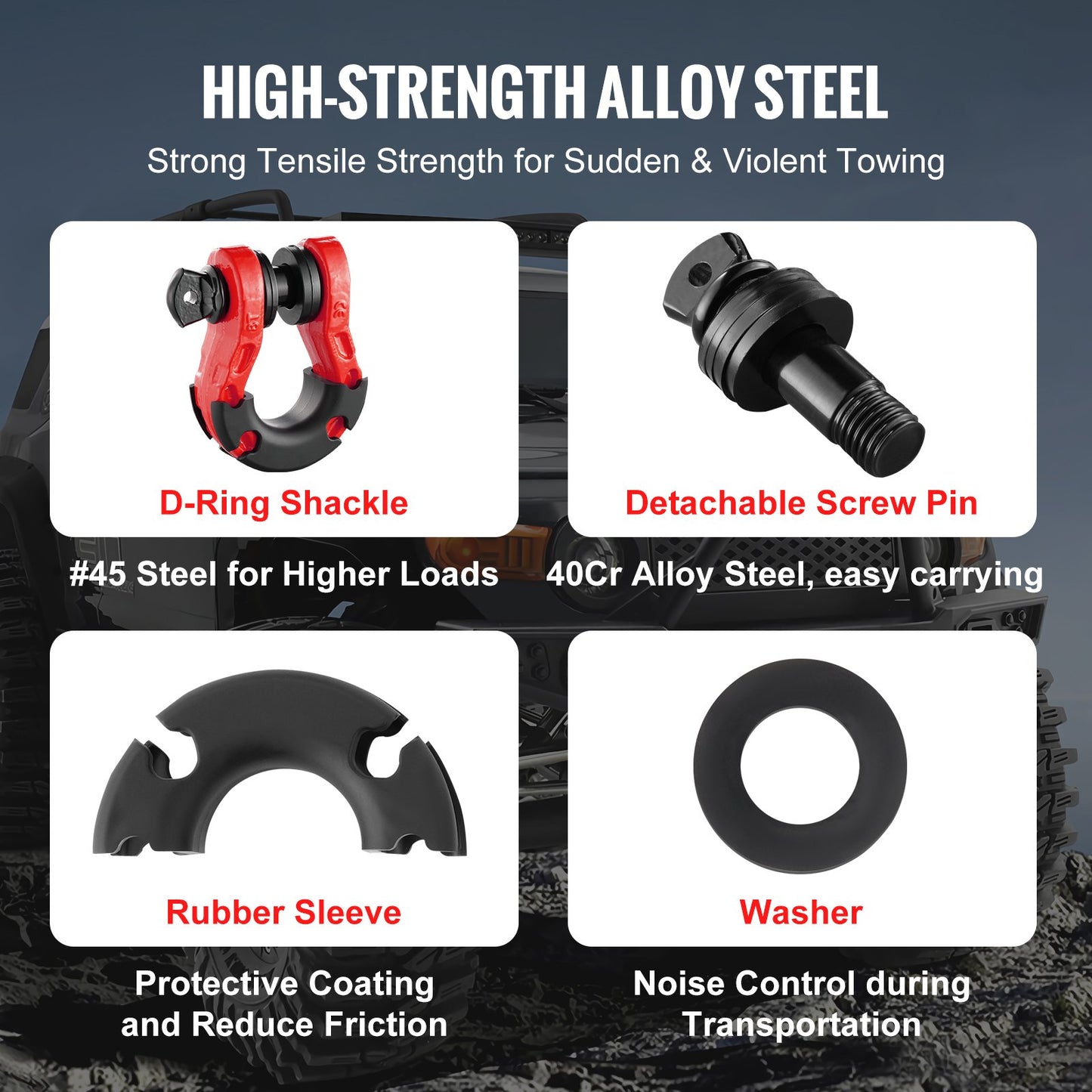 Heavy Duty Alloy Steel D-Ring Shackle 2 Pack for Vehicle Towing - Red, 30 Ton Break Strength