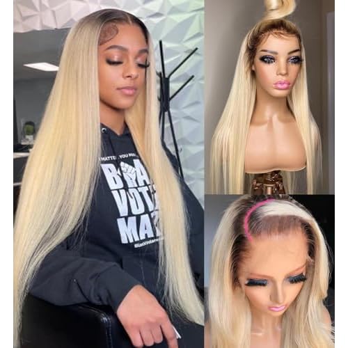 Ombre Blonde Human Hair Wig 13x4 HD Transparent Lace Front 150% Density with Dark Roots #1B613 for Women 18 Inch Pre Plucked Undetectable Melted Lace Frontal Wigs Ombre Blonde Bleached Knots Wigs