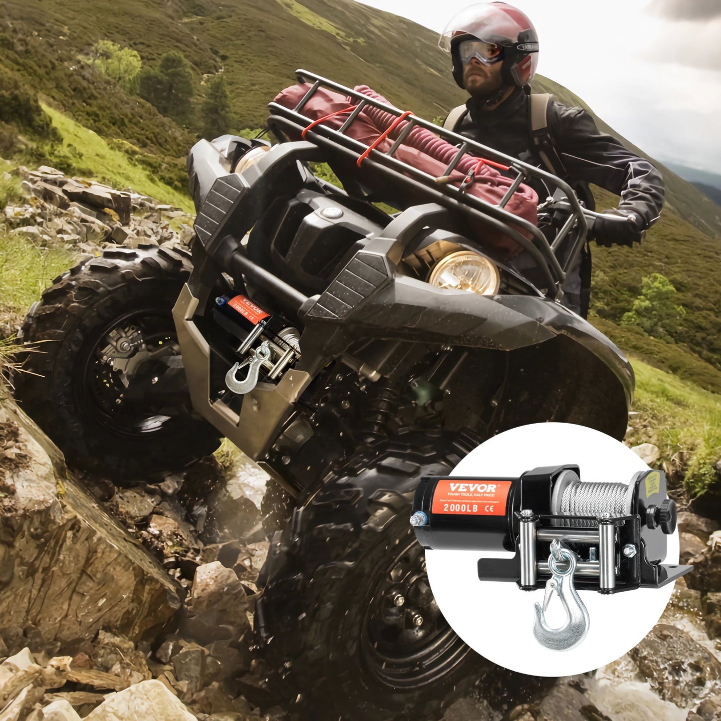 2000Lb Electric Winch for ATV UTV Off-Road Recovery Waterproof Steel Cable