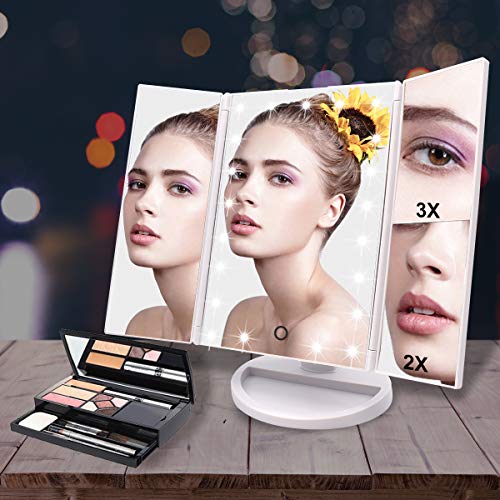 WEILY Makeup Mirror with 21 LED Lights,Two Power Supply Modes, Adjustable Touch Screen and 1x/2x/3x Magnification Tri-Fold Vanity Mirror,Chargeable Travel Cosmetic Mirror for Desktop(White)