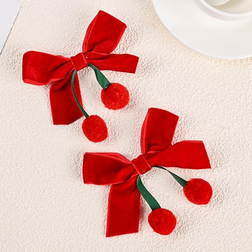 Velvet Ribbon Hair Bow Clips - 2 Pairs Cute Hair Bow Clips with Red Cherry Ball Handmade Alligator Barrettes Pins Bowknot Party Dress Decor Accessories for Girls (Pink/Red)