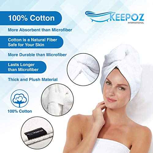 KEEPOZ 100% Cotton Hair Towel Wrap Quick Dry Super Absorbent Turban Head Wrap for Women with Button, Anti Frizz, Hair Cap for Curly, Long & Thick Hair (White, 1 Pc)