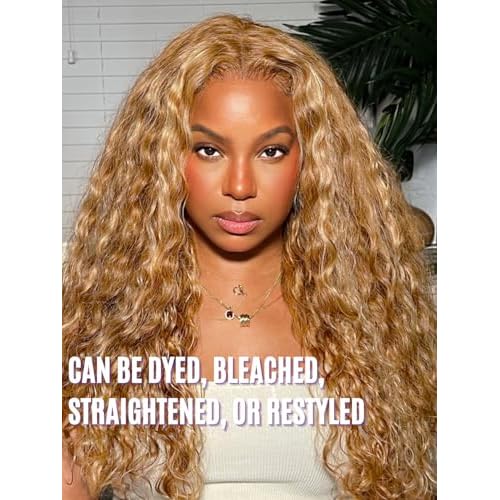 13A 27/613 Human Hair Bundles Water Wave 24 Inch, Soft and Silky Highlight Blonde Single Curly Bundle Wet n Wavy 100% Raw Hair Ombre Highlight Honey Blonde Sew In Weave #F27/613 Colored Weft