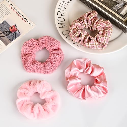8-Piece Velvet Satin Scrunchies for Women Girls, Cute Hair Ties for Women's Long Thick Thin Hair No Damage, Pink Theme