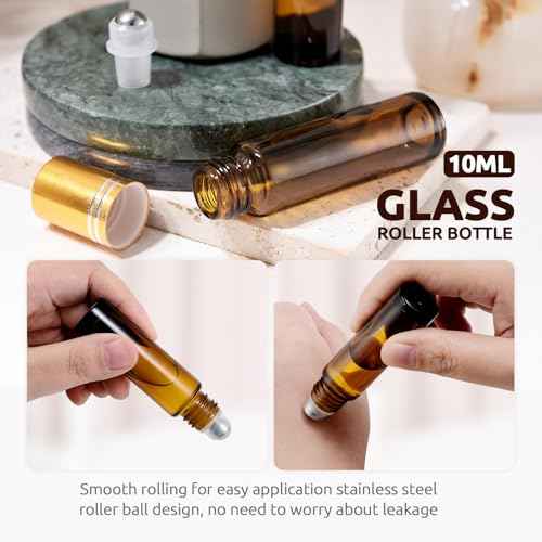 4 Pack, 10 ml Roller Bottles for Essential Oils, Leak-Proof Glass Roller Ball Applicator, Refillable Roll on Bottles with Opener & Labels for Perfume & DIY Skincare