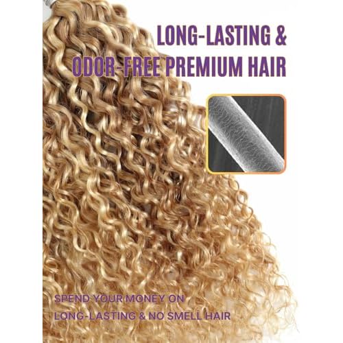 13A 27/613 Human Hair Bundles Water Wave 24 Inch, Soft and Silky Highlight Blonde Single Curly Bundle Wet n Wavy 100% Raw Hair Ombre Highlight Honey Blonde Sew In Weave #F27/613 Colored Weft