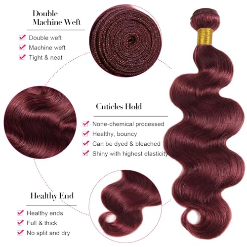 #99J Burgundy Bundles Human Hair Body Wave Bundles 32 32 32 Inch Wine Red Body Wave Bundle Human Hair Extensions Double Weft Unprocessed Brazilian Virgin Hair 3 Bundle 50 Grams Per Bundle