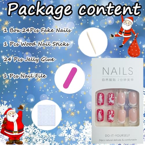 24Pcs Christmas Press-on Nails Medium Square Coffin Shaped White French Tip Nails Tips Full Cover Glue on Nails Xmas Tree Deer Snowflake Design Christmas False Nails