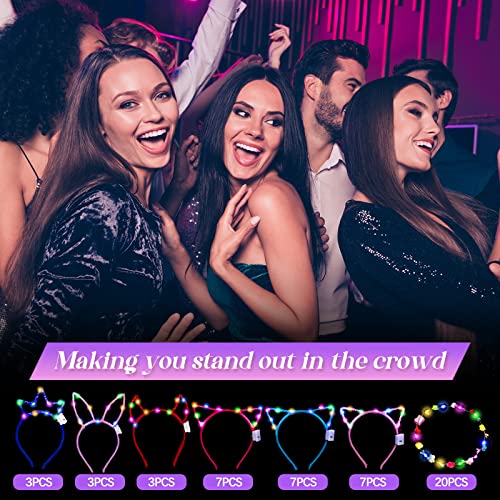 Xinnun 50 Pcs LED Cat Ear Headbands Bulk, Light up Flower Headband Glow Crown Rabbit Ear Head Accessories for Glow in the Dark Party (Cat)