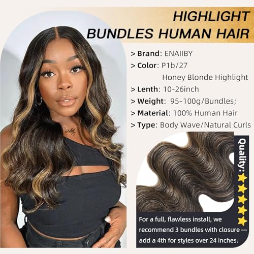 Honey Blonde Bundles Human Hair Highlighted Black and Blonde Bundles Body Wave Balayage Colored 12A 100% Brazilian Virgin Remy Human Hair 1b/27 Ombre Loose Wavy Sew In Weave 10 12 14 Inch