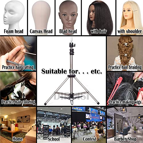 Reinforced Wig Stand Tripod Mannequin Head Stand Adjustable Wig Head Stand Holder for Cosmetology Hairdressing Training with Carrying Bag (Silver)