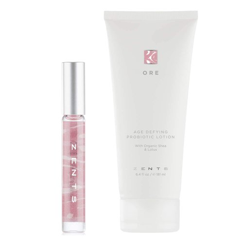 ZENTS Attar Fragrance & Lotion Set (Ore) | Roll-On Perfume for Travel & Long-Lasting Scent | Age-Defying Hyaluronic Probiotic Lotion with Shea Butter & Vitamin E | 0.33 oz & 6.4 fl oz