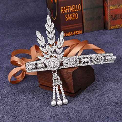 GORTIN 1920's Flapper Headband Inspired Leaf Headpiece Rhiestones Pearl Headdress Cocktail Party Bride Wedding Flapper Hair Accessories for Women and Girls (Silver)