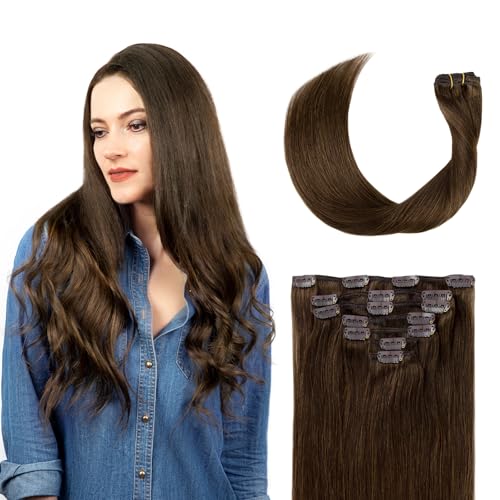 Clip in Hair Extensions Real Human Hair, 100% Remy Chocolate Brown Hair Extensions for Long Hair, Tangle-free&Shedding-free, #4 20Inch 120G 7PCS