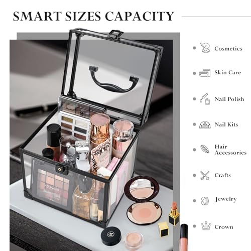 FRENESSA Portable Makeup Case Clear Crown Box Cosmetics Display Case Toiletry Organizer Box Transparent Acrylic Artists Train Case Travel Makeup Tools Storage for Vanity Bathroom Counter Dresser Case