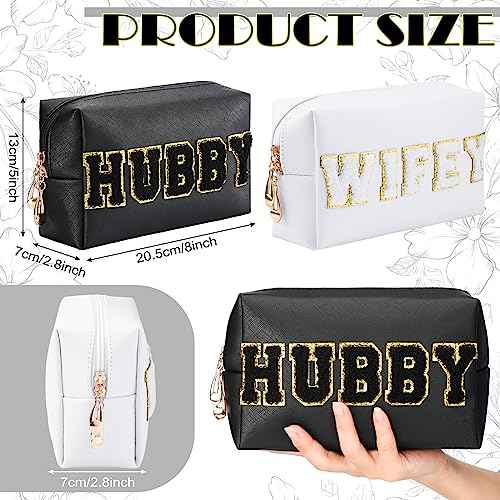 Pinkunn 2 Pcs Wifey Hubby Makeup Bag Bride Patch Cosmetic Bag Mrs Travel Toiletry Purse White Letter PU Leather Waterproof Pouch Wedding Bridal Shower Honeymoon Gift for Women Party Organizer