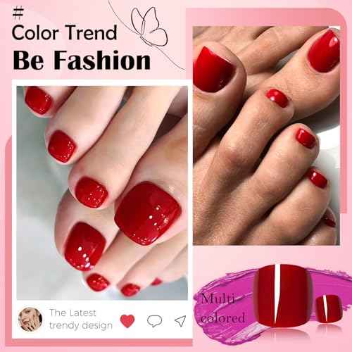 LoveOurHome 240pc Red Press on Toenails Women Fake Toe Nails with Glue Tabs, Dark Red Fake Toenails Press on Toes Nail Glue on Toenail Acrylic Toe Nail Tips Gel Artificial False Stick Toenail Tip