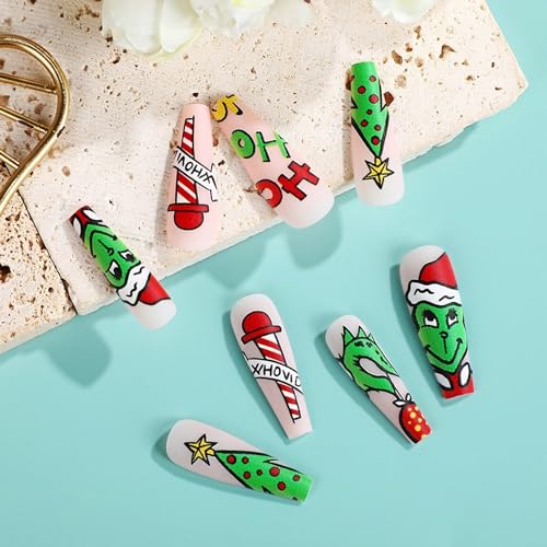 Greenwich Cute Christmas Coffin Nails Full Cover Colorful Red Hat Winter Xmas Artificial Matte Stick on Nails Design 24Pcs