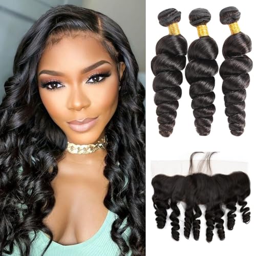 Loose Body Wave Bundles Human Hair with Frontal (14 16 18+12) 12A Grade 100% Body Wave Human Hair Extensions 13x4 Lace Frontal Human Hair 180% Density Natural Black