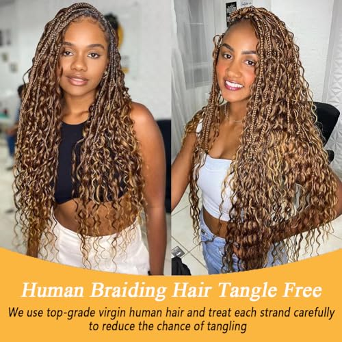 Miss Lee Human Braiding Hair for Boho Knotless Braids Bulk Curly Bundles Human Hair for Micro Braiding Wet and Wavy Water Wave No Weft Human Hair Extension for Box Boho Braids 100g with 2 Bundles 27#