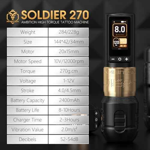 Ambition Soldier 270 Wireless Tattoo Machine, 270 g.cm Torque Brushless Motor Cordless Tattoo Gun, Rotary Tattoo Cartridge Pen with Dual 2400mAh Touchscreen Battery Supply for Artists