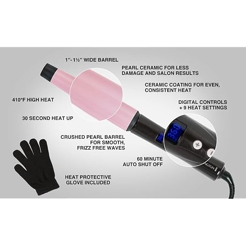Remington CI9538 Pro 1"-1.5" Pearl Ceramic Conical Curling Wand, Digital Controls + 10 Heat Settings, Black/Pink