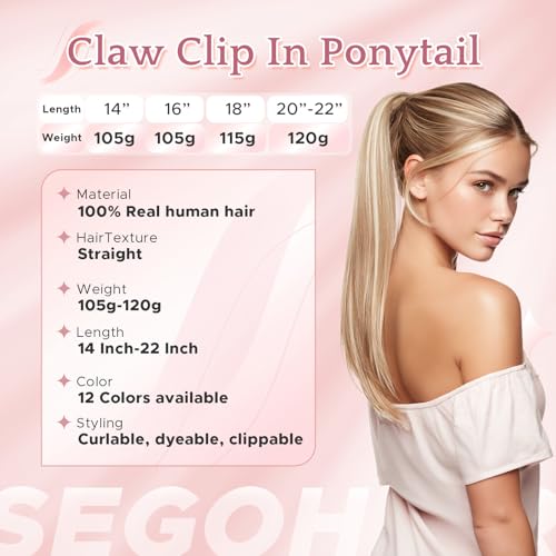 Human Hair Claw Clip Ponytail Extension 100% Real Human Hair Clip-In Extensions for Women Long Straight Pony Tails 16 Inches 105g #12P613 Golden Brown mixed Bleach Blonde