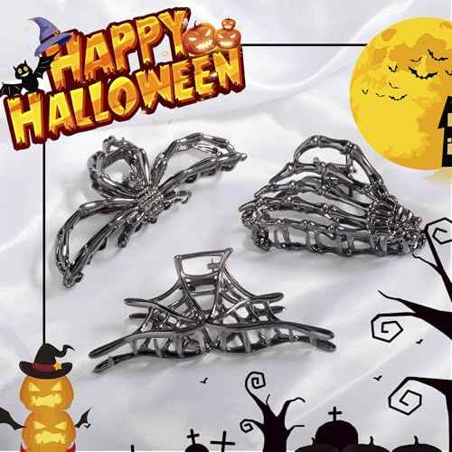 3PCS Black Spider Web Skeleton Hand Skull Hair Claw Clips for Women And Girls, Hiphop Metal Large Medium Size for Thick Thin Hair, Headband Barrette for styling Hair Accessories Party Gift (Black Gun)