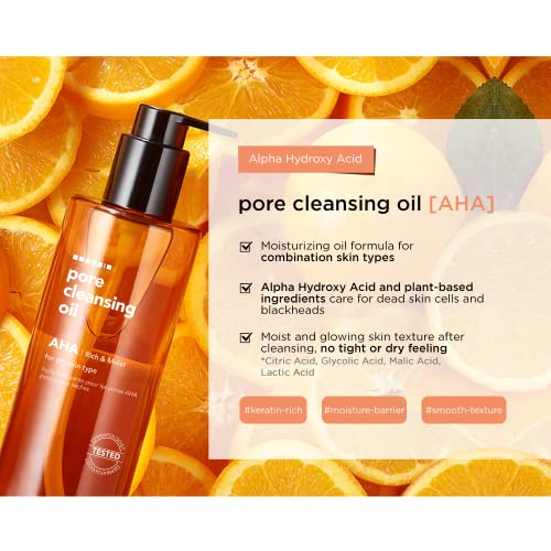 Hanskin AHA Pore Cleansing Oil for Dry Skin, Exfoliating, Waterproof Makeup Sebum Remover Facial Oil Cleanser for Face, Moisturizing for Soft Skin, Korean Skincare [AHA/10.14 oz.]