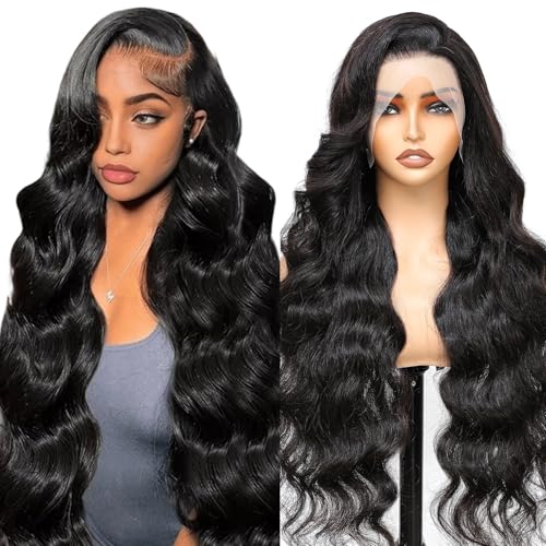 Body Wave Lace Front Wigs Human Hair 13x4 HD Lace Frontal Body Wave Human Hair Wig for Women 180% Density Brazilian Virgin Hair Pre Plucked Glueless Body Wave Wig Natural Black 28inch
