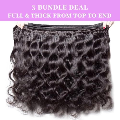 14 16 18 Inch Real Human Hair Bundles Body Wave 3 Bundles Unprocessed Natural Black Remy Body Wave Brazilian Virgin Cambodian Hair Wavy, 1b, No Tangle No Shedding, True to Length