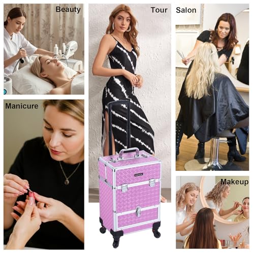 TOPACK Rolling Makeup Train Case,Professional Cosmetology Case on Wheels,Large Cosmetic Organizer Trolley Case,Makeup Travel Case with Draws,Nail Artist Hairstylist Storage Traveling Cart Trunk,Pink