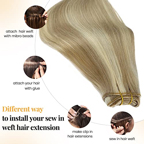 Sew in Weft Hair Extensions Human Hair 22Inch Light Brown Highlights Platinum Blonde Sew in Hair Extension Real Human Hair Highlights Weft Virgin Hair Full Head Hair Bundles 120g for White Women