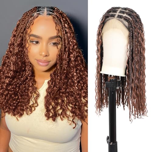 13x8 Inch HD Lace Short Boho Braided Wig Knotless Braided Wigs for Women with Curly End Synthetic Hair Box Braid Wig with Baby Hair Brown 18 Inch