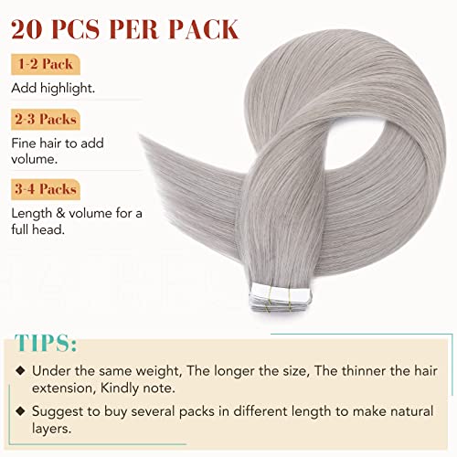 Hairro Tape In Hair Extensions - Human Remy Hair, Adhesive Skin Weft, Natural Glue-in Hairpieces, Full Head Grey, 20 Inch, 50g, 20pcs #GREY