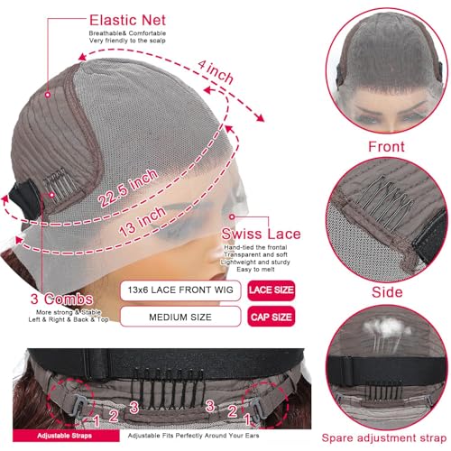 Reddish Brown Bob Wig Human Hair Body Wave 13x4 HD Lace Front Wigs Human Hair 16Inch 33# Body Wave Lace Frontal Wig Pre Plucked 180% Density Wine Red Bob Wigs for Women