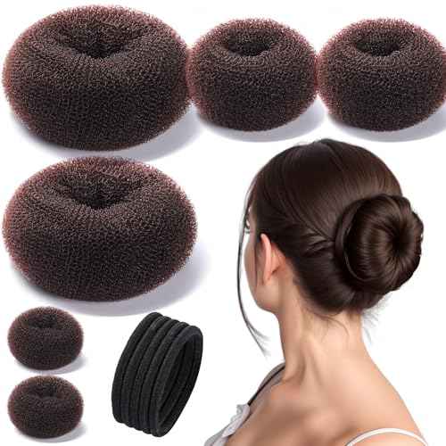 Teenitor Donut Hair Bun Maker Set, Hair Bun Shaper Set with Large, Medium, Small Hair Donuts For Buns, Hair Accessories For Girls, 5 Elastic Bands, Dark Brown