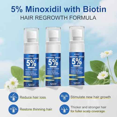 5% Minoxidil Spray for Men and Women, Infused with Biotin, for Hair Regrowth Treatment, Beard Growth, Extra Strength Treatment to Combat Hair Loss and Thinning, 3 Month Supply, 3 Bottles