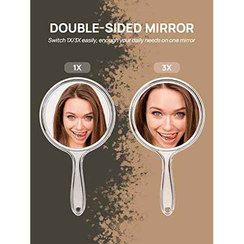 OMIRO Hand Mirror, Double-Sided Handheld Mirror 1X/3X Magnifying Mirror with Handle, Pack of 1 (Clear)