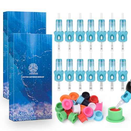 ATOMUS 40pcs Tattoo Cartridge Needles with 20pcs Ink Cups Size #10 RL RS RM Round Liner Silicone Wrapped Tattoo Needles for Tattoo Gun Pen Liner Pattern (7RM+9RM+11RM+15RM)