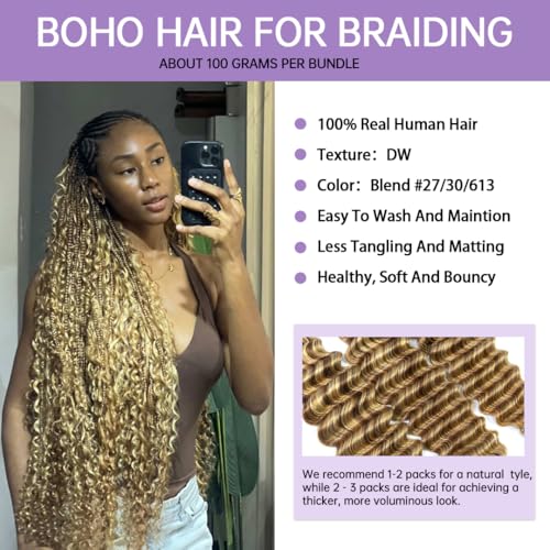 YWIGS #27/30/613 Boho Human Hair for Braiding 100G No Weft Human Hair Bundles for Boho Braids Deep Wave Boho Braiding Hair 20inch