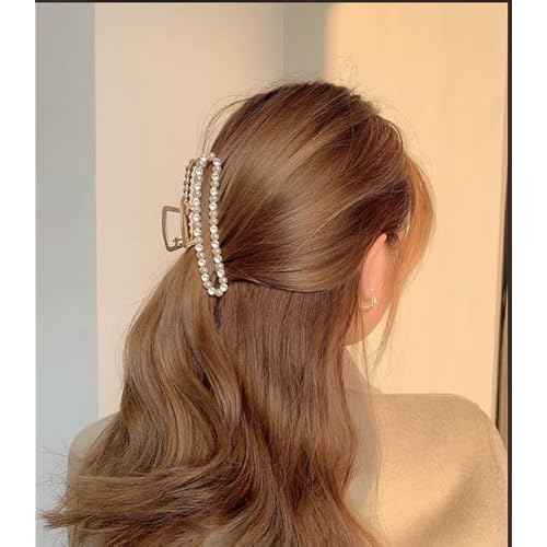 Pearl Hair Claw Clips for Thick Heavy Hair, Women Girls Large Metal Claw Clips Non Slip Hair Jaw Wedding Party Hair Accessories (Pearl)