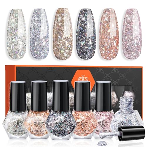 modelones Glitter Nail Polish 6 Colors Holographic Sparkle Glitter Mini Set Flash Diamond Black Silver Gold Quick Dry Manicure Diy Nail Art Salon Gift For Women Girl