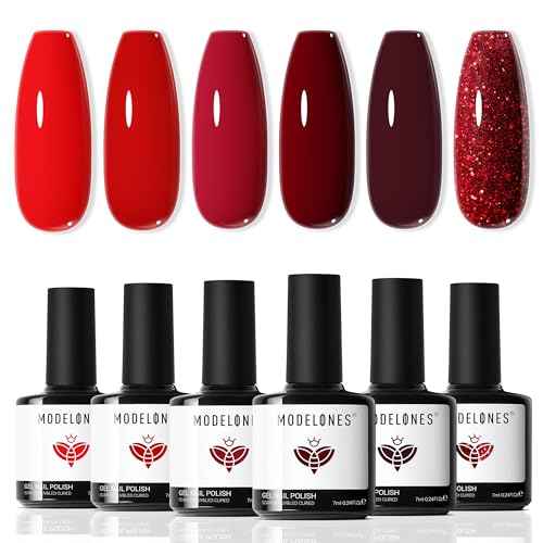 modelones Gel Nail Polish Kit -6 Colors Red Christmas Gel Polish Set Burgundy Glitter Sparkle Bloody Soak Off Gel Nail Kit Manicure DIY Nail Art Salon Home New Year Gift
