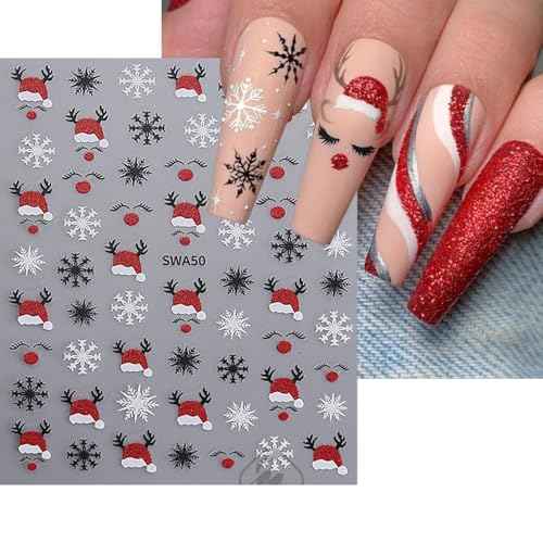 3 Sheets 3D Christmas Glitters Nail Art Sticker 3D Cute Nail Stickers Elk Star Gingerbread Man Snowflake Christmas Tree Nail Decals Snowman Hat Decal Slider New Year DIY Winter Manicure Decoration