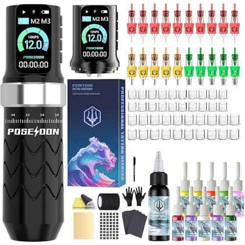 POSEIDON Tattoo Gun Kit, Wireless Tattoo Pen Kit Tattoo Kit with 2Pcs Battery and 20 Pcs Tattoo Cartridge Needles, 7 Stroke Settings, Normal/Dot Modes, LED Display, Complete Tattoo Machine Kit