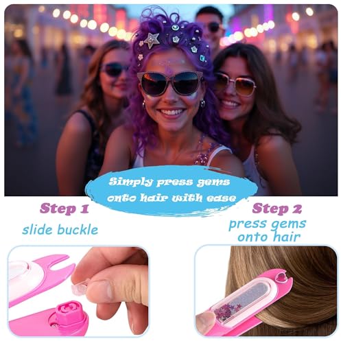 Hair Gem Stamper Kit with Reusable Bling Jewels & Washable Chalk - Girls Hair Styling Toys, Creative DIY Accessories, Birthday Gifts for Ages 5-12 (Light Hair Friendly)