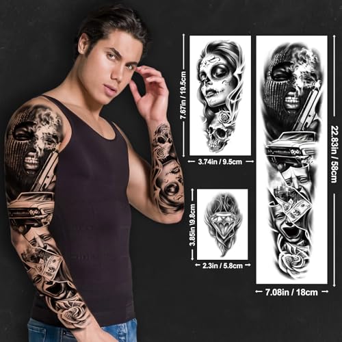 46 Large Chicano Temporary Tattoo for Men Women, Full Arm Day of the Dead Gangster Prisoner Fake Tattoos Mexico Cholas Lowriders Clown Tattoos, Tiny Cosplay Body Tattoos Stickers Realistic Adult Kid